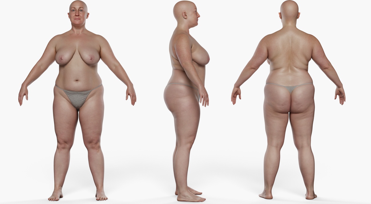 Full body 3D scan of a fuller-figured female, retopologised quad mesh with smooth skin detail and PBR textures